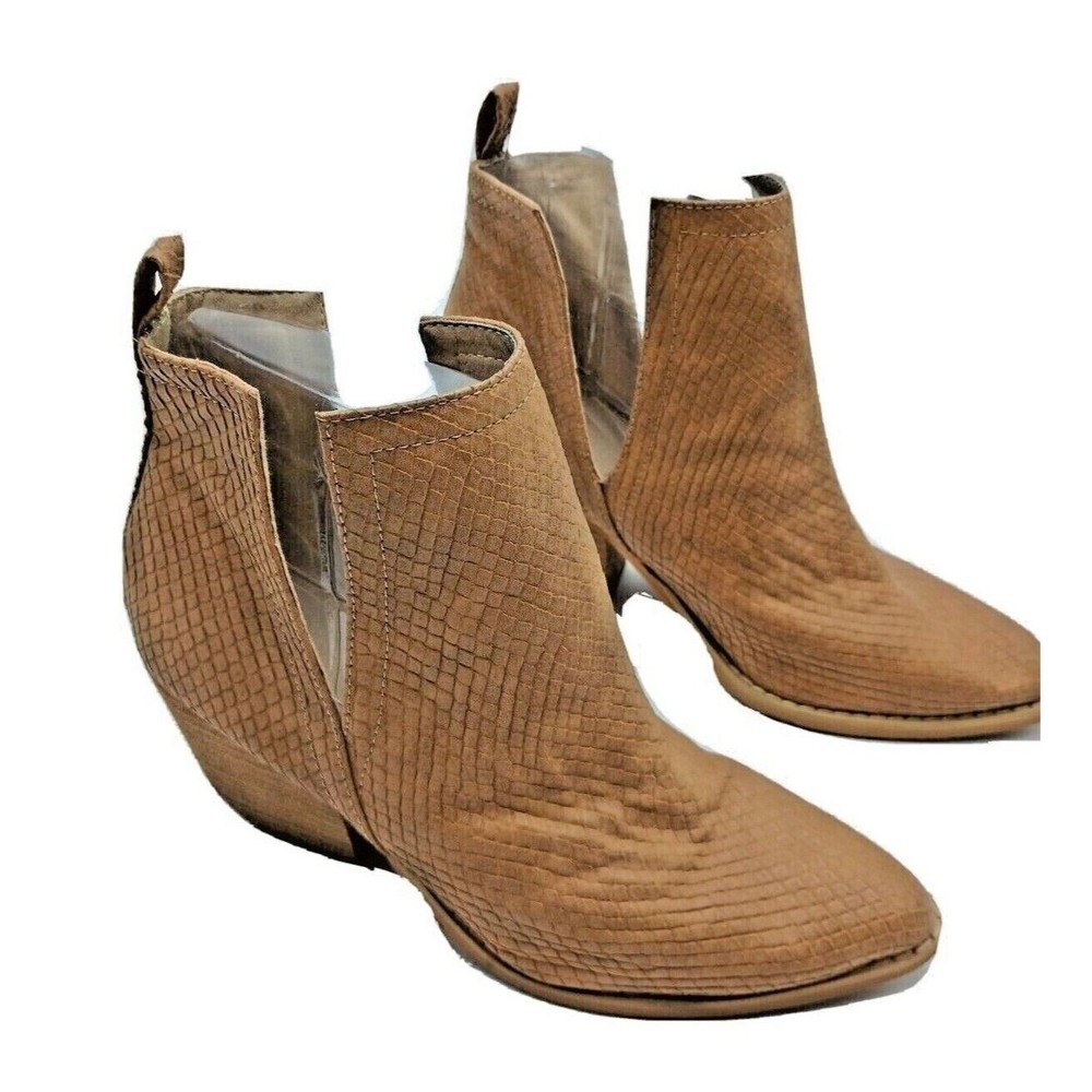 Dellytop Split Shaft Brown Snake Embossed Booties Stacked Leather Heel Size 6.5
